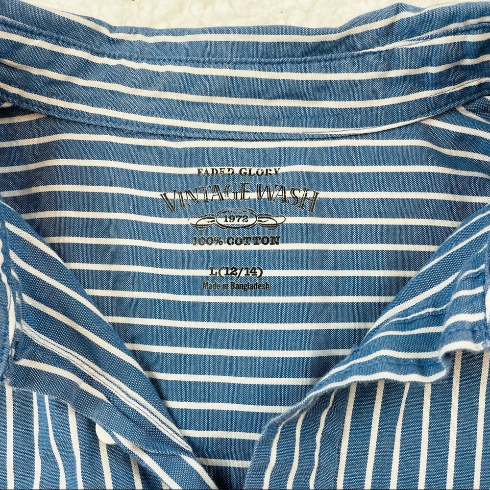 FADED GLORY • Vintage Wash Blue Striped Long Sleeve Button-Down Shirt, L 12/14 - Picture 12 of 14